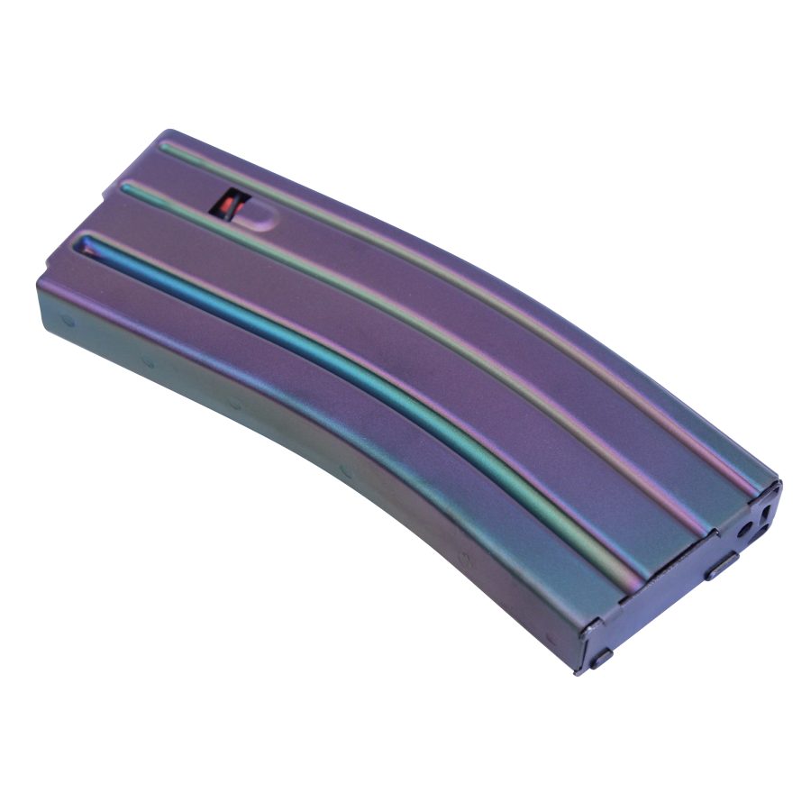 Iridescent AR-15 magazine with chameleon finish, horizontal ridges, and red follower.