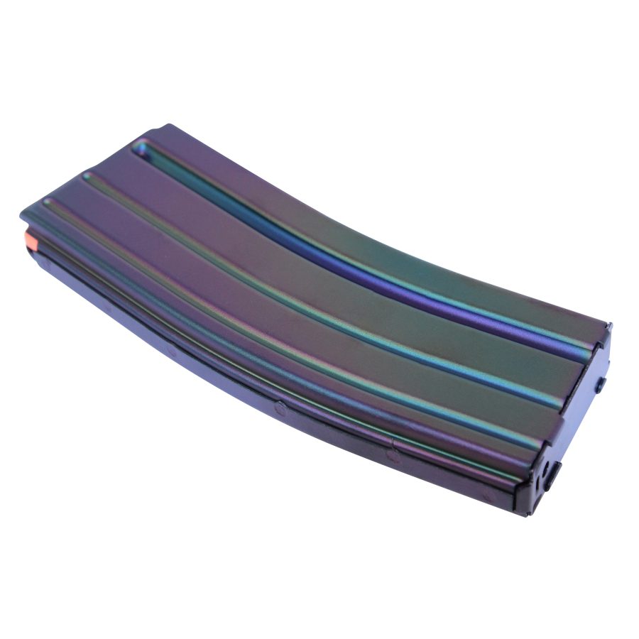 Iridescent AR-15 magazine with color-shifting finish, purple to teal hues, curved ribbed design.