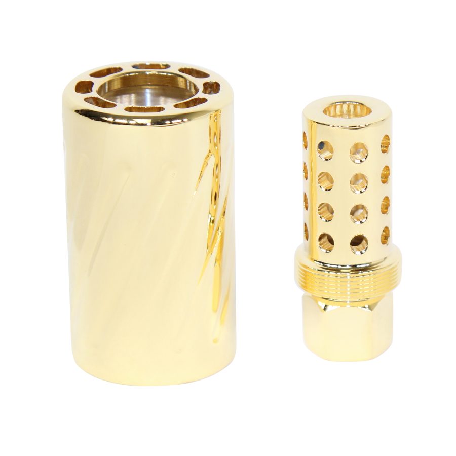 Gold metal components with precision design, luxury finish; potential audio or vaping device parts.