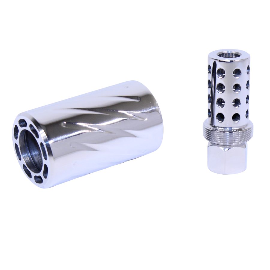 Polished precision-machined metal components: helical design and perforated sections.
