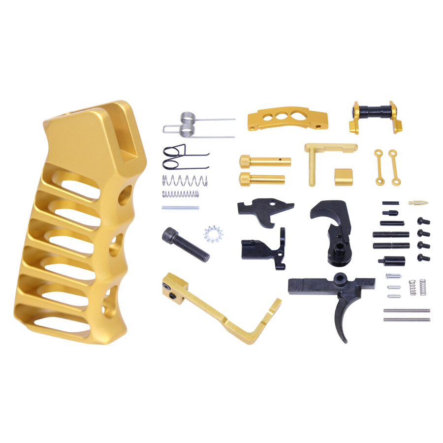AR-15 Enhanced Lower Parts Kit With Upgrades & Skeletonized Aluminum Pistol Grip (Anodized Gold)