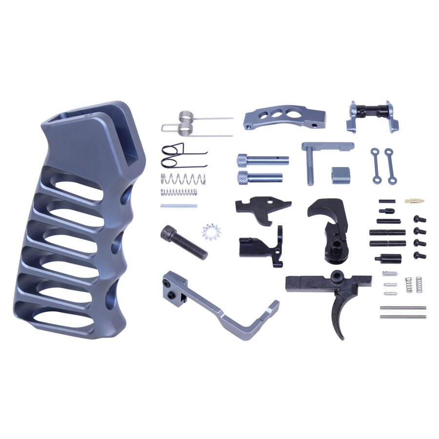 AR-15 Enhanced Lower Parts Kit With Upgrades & Skeletonized Aluminum Pistol Grip (Anodized Grey)