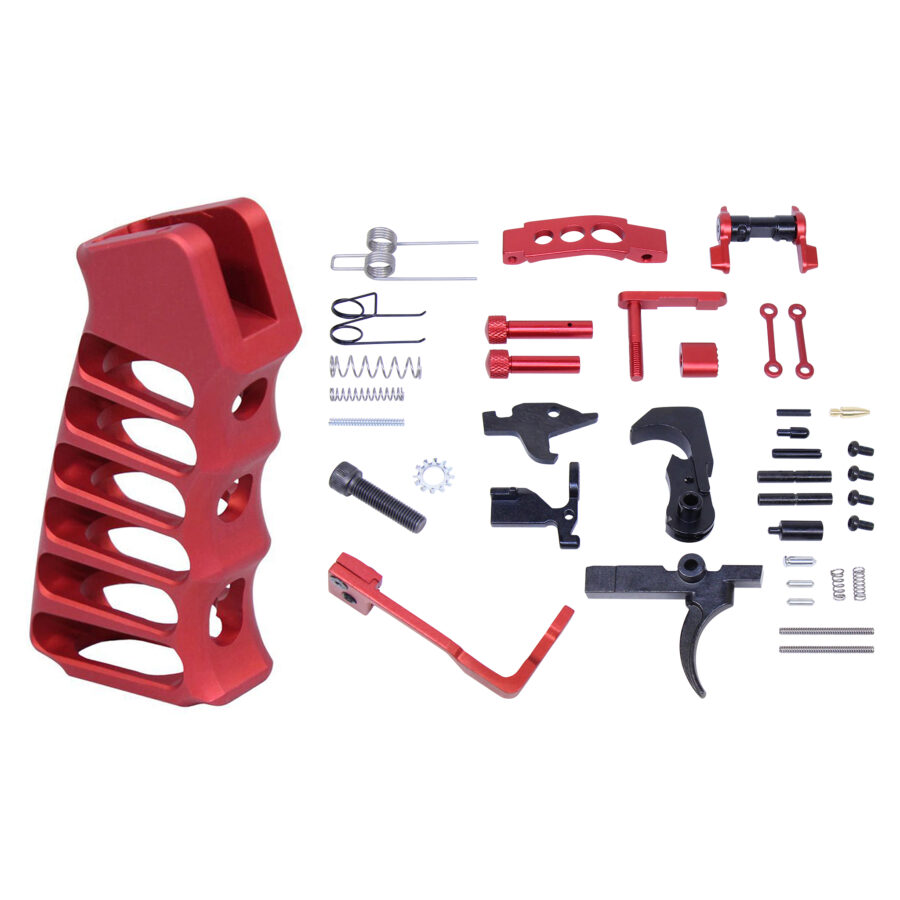 AR-15 Enhanced Lower Parts Kit With Upgrades & Skeletonized Aluminum Pistol Grip (Anodized Red)