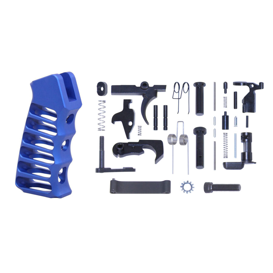 AR-15 Complete Lower Parts Kit With Ultralight Skeletonized Aluminum Pistol Grip (Anodized Blue)