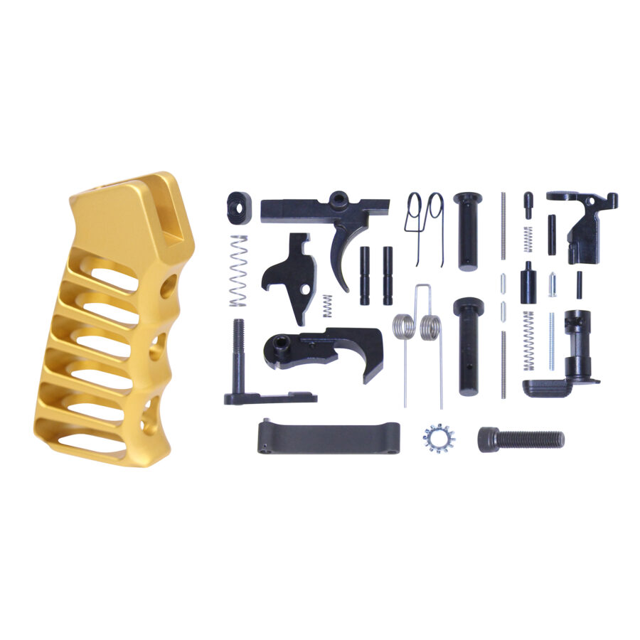 AR-15 Complete Lower Parts Kit With Ultralight Skeletonized Aluminum Pistol Grip (Anodized Gold)