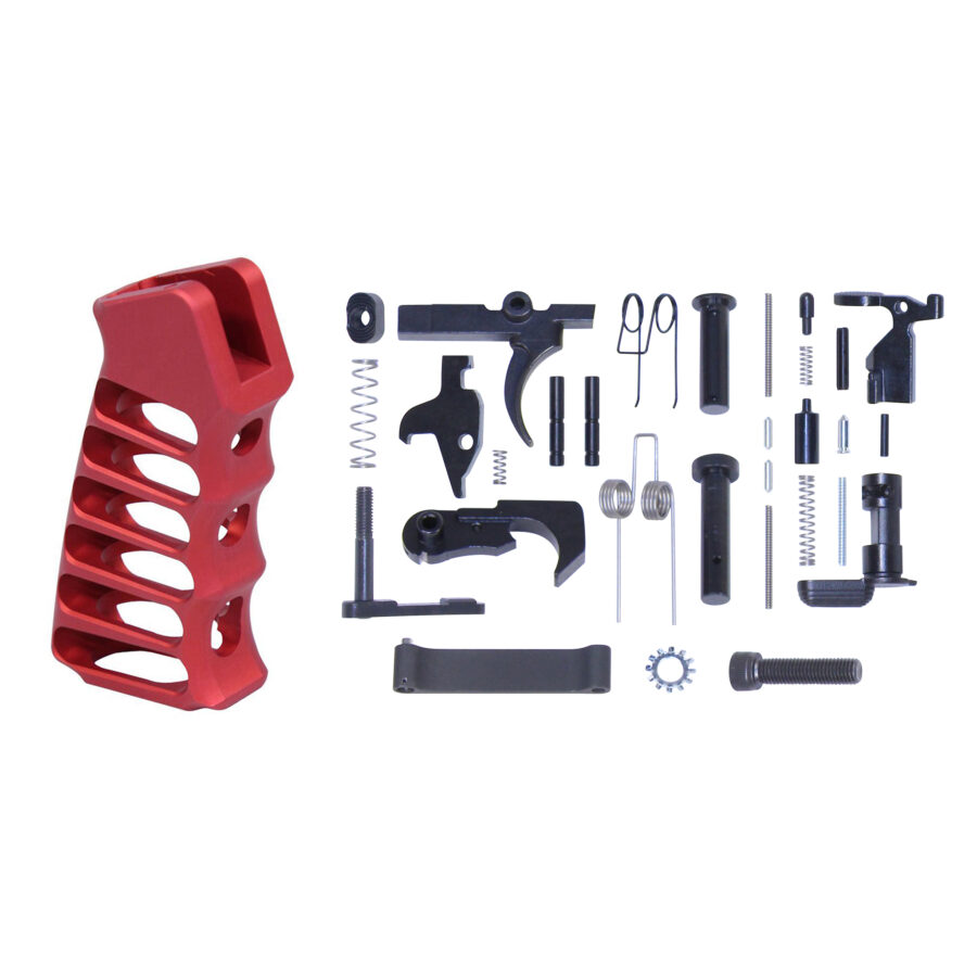 AR-15 Complete Lower Parts Kit With Ultralight Skeletonized Aluminum Pistol Grip (Anodized Red)