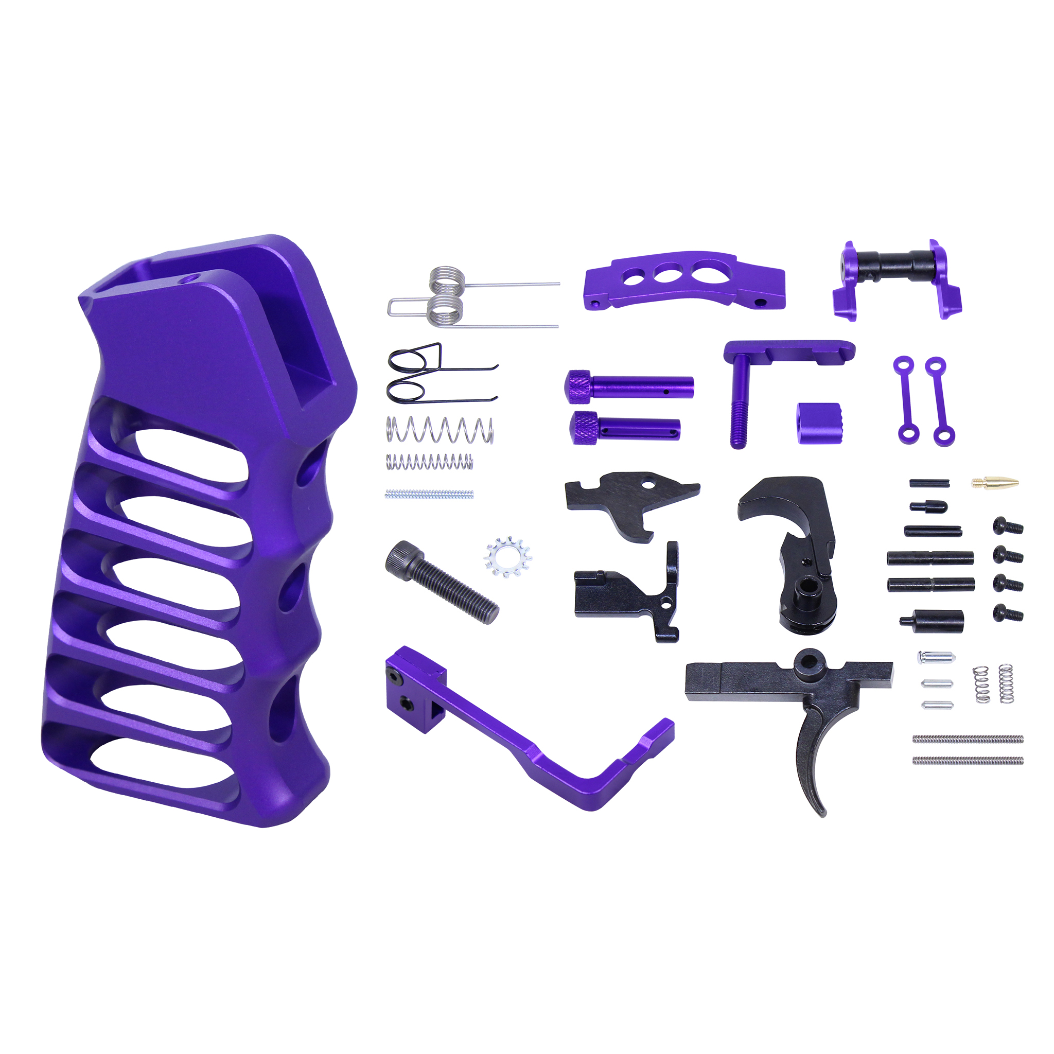 AR-15 Enhanced Lower Parts Kit With Upgrades & Skeletonized Aluminum Pistol Grip (Anodized Royal Purple)