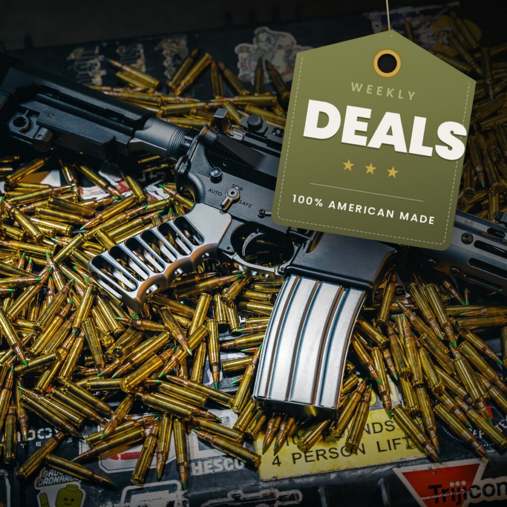 Black AR-15 pistol on a pile of brass ammunition with an olive Weekly Deals price tag